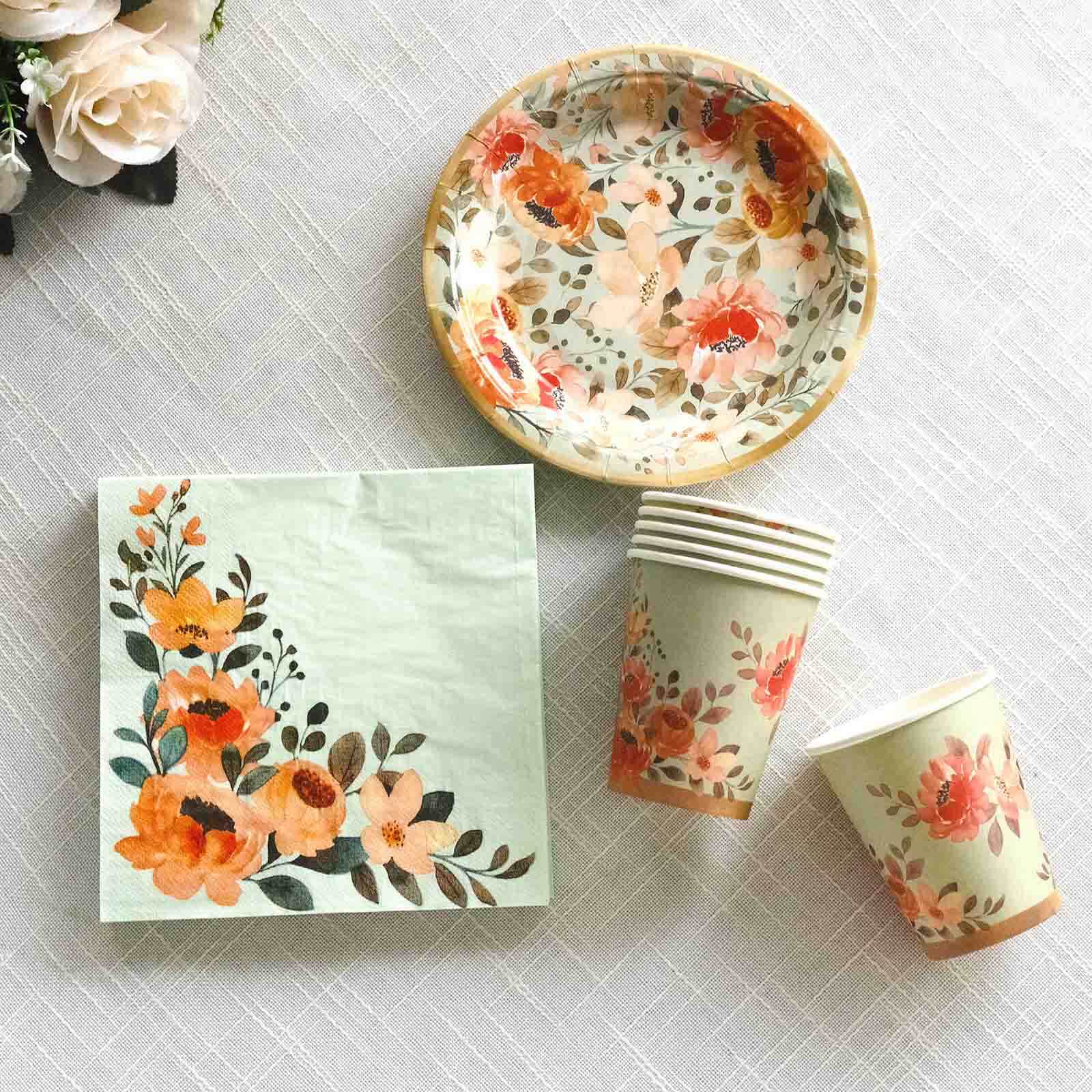 72 Pcs Paper Dinnerware Set with Pink Floral Print Sage Green - Disposable Tableware Combo - Pack with Plates and Cups - Bell Racket Store