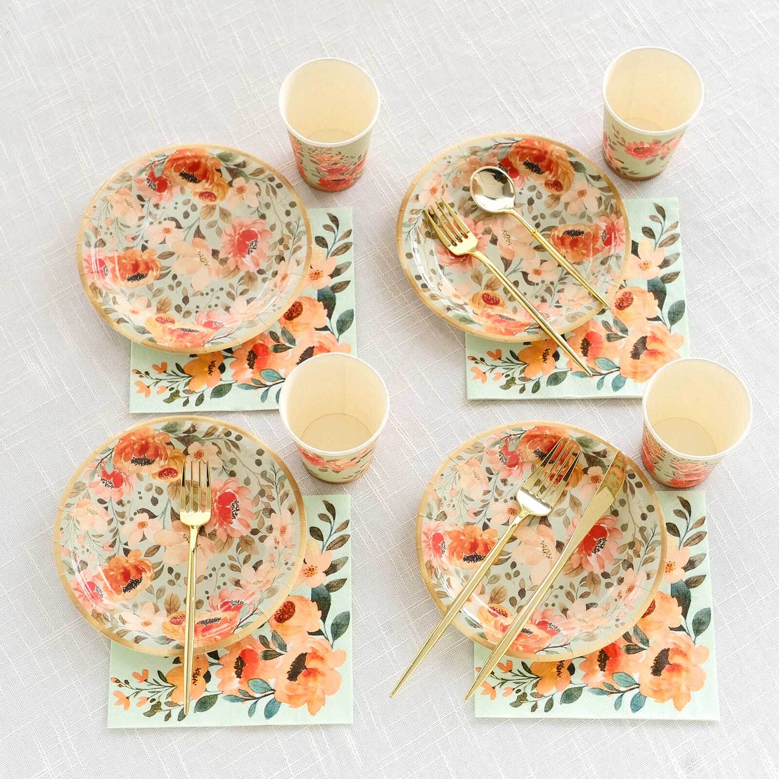 72 Pcs Paper Dinnerware Set with Pink Floral Print Sage Green - Disposable Tableware Combo - Pack with Plates and Cups - Bell Racket Store