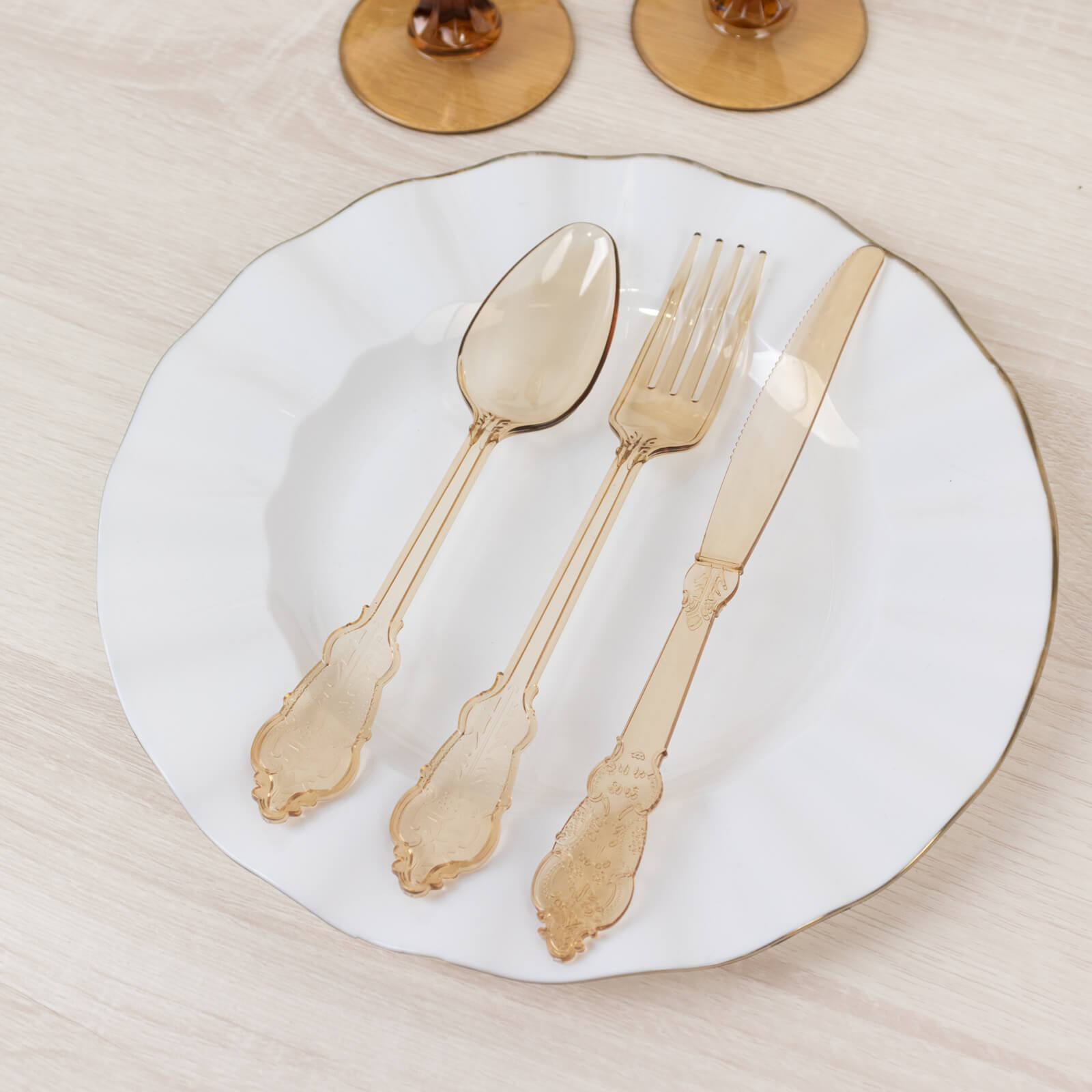 72 Pcs Plastic Silverware Set in Baroque Style Amber Gold - Heavy Duty Disposable Knife, Fork, and Spoon Set - Bell Racket Store