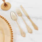72 Pcs Plastic Silverware Set in Baroque Style Amber Gold - Heavy Duty Disposable Knife, Fork, and Spoon Set - Bell Racket Store