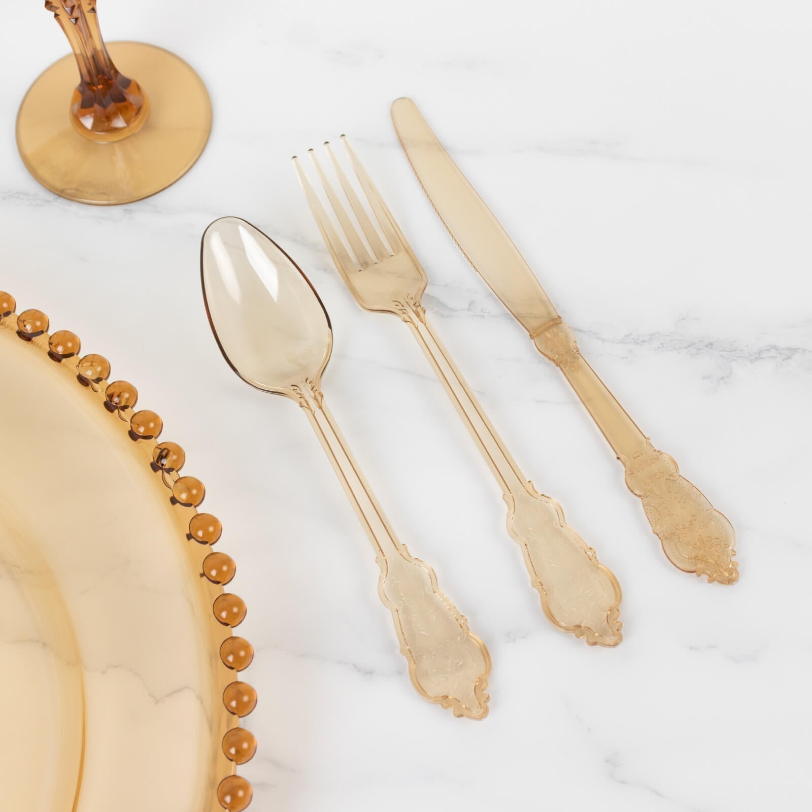72 Pcs Plastic Silverware Set in Baroque Style Amber Gold - Heavy Duty Disposable Knife, Fork, and Spoon Set - Bell Racket Store
