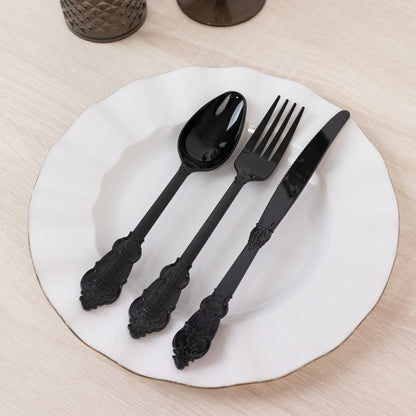 72 Pcs Plastic Silverware Set in Baroque Style Black - Heavy Duty Disposable Knife, Fork, and Spoon Set - Bell Racket Store