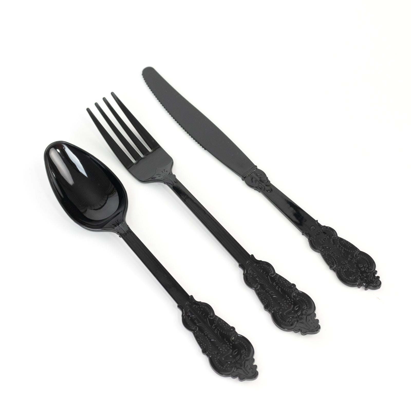 72 Pcs Plastic Silverware Set in Baroque Style Black - Heavy Duty Disposable Knife, Fork, and Spoon Set - Bell Racket Store
