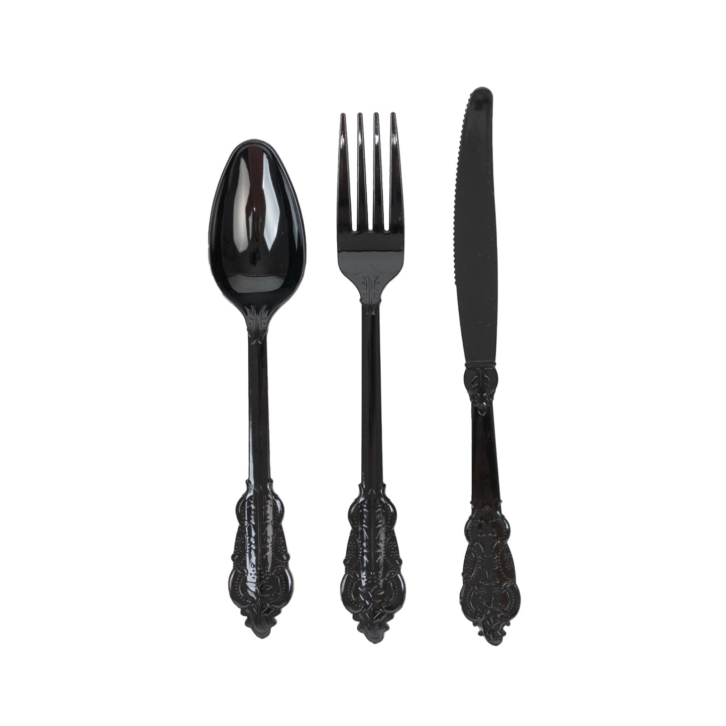 72 Pcs Plastic Silverware Set in Baroque Style Black - Heavy Duty Disposable Knife, Fork, and Spoon Set - Bell Racket Store