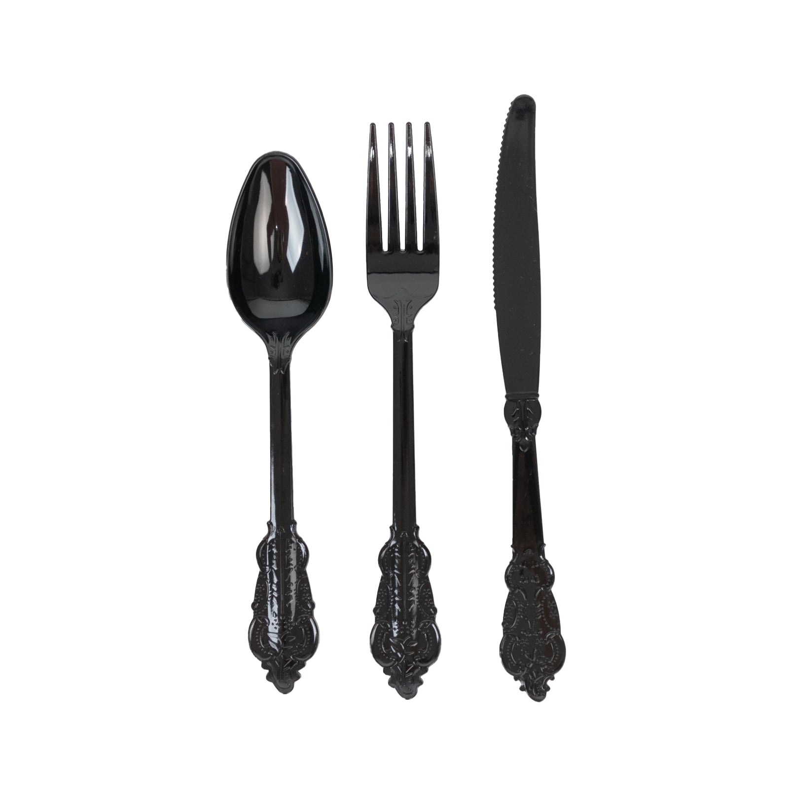 72 Pcs Plastic Silverware Set in Baroque Style Black - Heavy Duty Disposable Knife, Fork, and Spoon Set - Bell Racket Store
