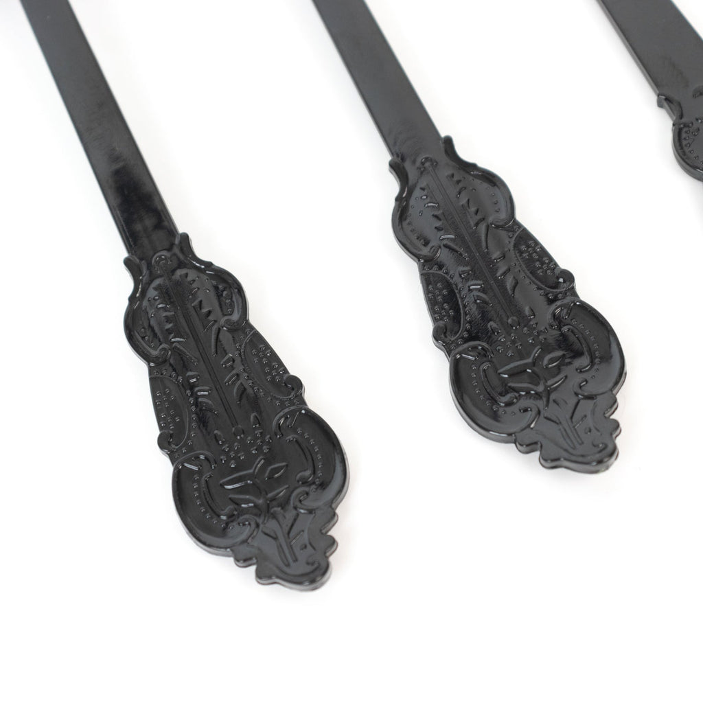 72 Pcs Plastic Silverware Set in Baroque Style Black - Heavy Duty Disposable Knife, Fork, and Spoon Set - Bell Racket Store