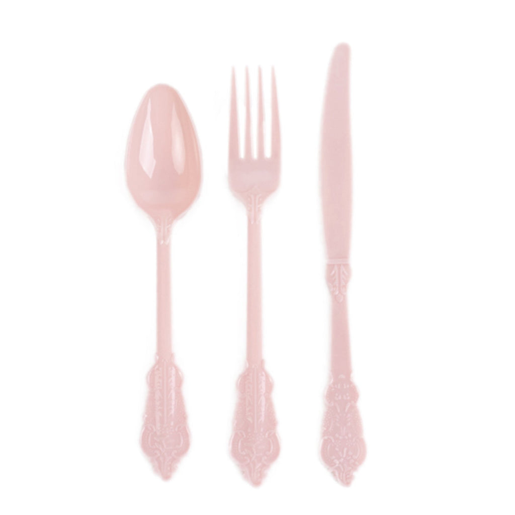 72 Pcs Plastic Silverware Set in Baroque Style Blush - Heavy Duty Disposable Knife, Fork, and Spoon Set - Bell Racket Store