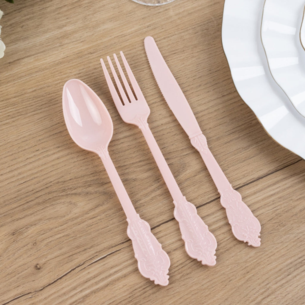72 Pcs Plastic Silverware Set in Baroque Style Blush - Heavy Duty Disposable Knife, Fork, and Spoon Set - Bell Racket Store