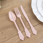72 Pcs Plastic Silverware Set in Baroque Style Blush - Heavy Duty Disposable Knife, Fork, and Spoon Set - Bell Racket Store