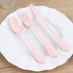 72 Pcs Plastic Silverware Set in Baroque Style Blush - Heavy Duty Disposable Knife, Fork, and Spoon Set - Bell Racket Store