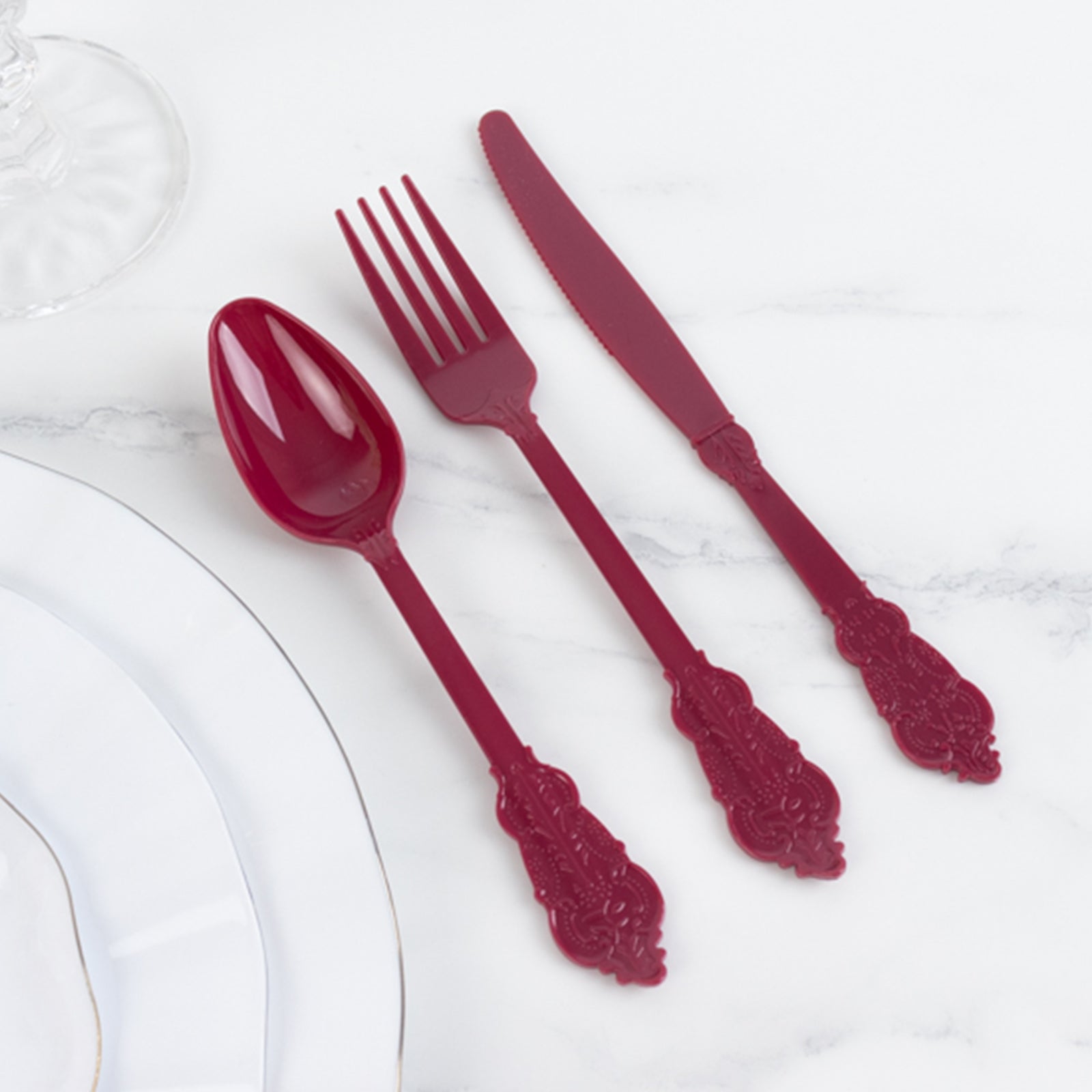 72 Pcs Plastic Silverware Set in Baroque Style Burgundy - Heavy Duty Disposable Knife, Fork, and Spoon Set - Bell Racket Store