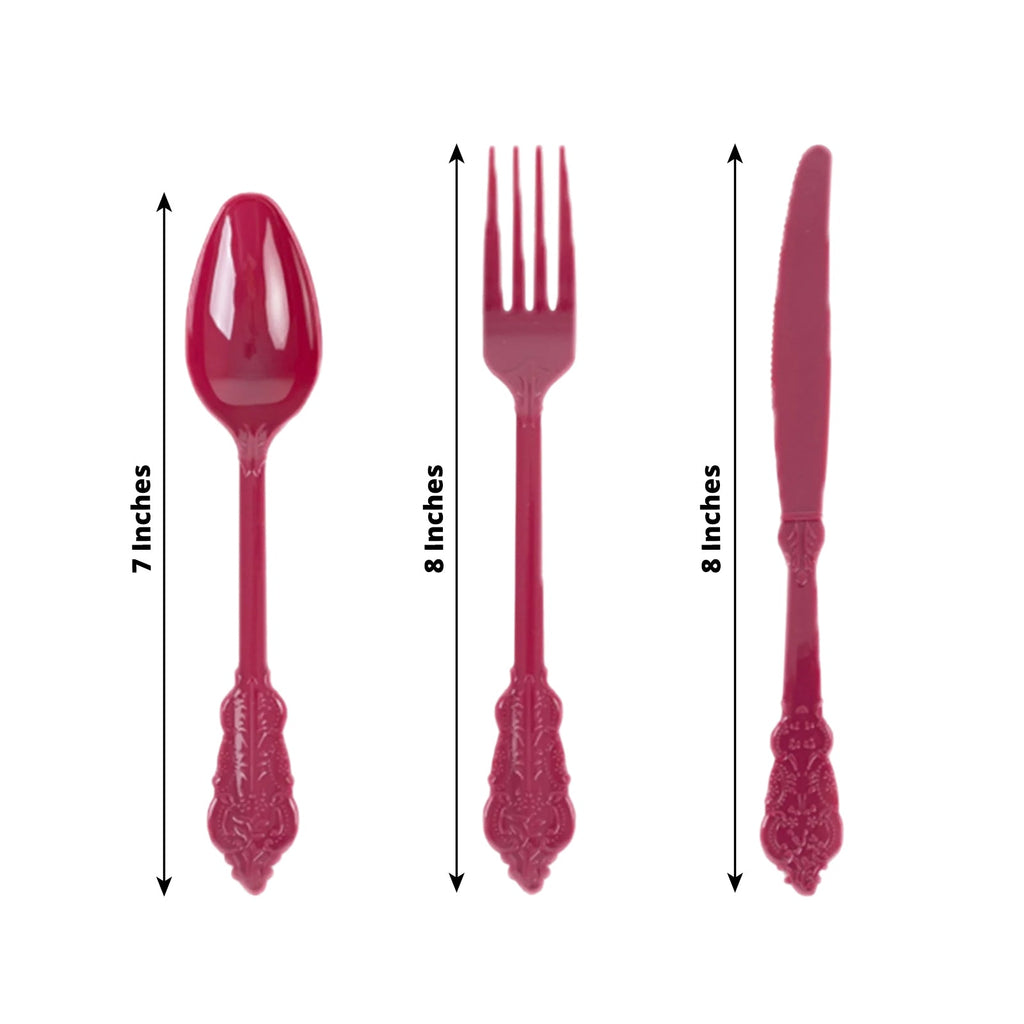 72 Pcs Plastic Silverware Set in Baroque Style Burgundy - Heavy Duty Disposable Knife, Fork, and Spoon Set - Bell Racket Store