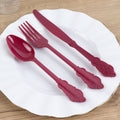 72 Pcs Plastic Silverware Set in Baroque Style Burgundy - Heavy Duty Disposable Knife, Fork, and Spoon Set - Bell Racket Store