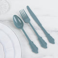 72 Pcs Plastic Silverware Set in Baroque Style Dusty Blue - Heavy Duty Disposable Knife, Fork, and Spoon Set - Bell Racket Store