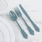 72 Pcs Plastic Silverware Set in Baroque Style Dusty Blue - Heavy Duty Disposable Knife, Fork, and Spoon Set - Bell Racket Store