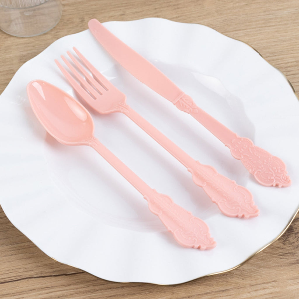 72 Pcs Plastic Silverware Set in Baroque Style Dusty Rose - Heavy Duty Disposable Knife, Fork, and Spoon Set - Bell Racket Store