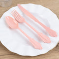 72 Pcs Plastic Silverware Set in Baroque Style Dusty Rose - Heavy Duty Disposable Knife, Fork, and Spoon Set - Bell Racket Store