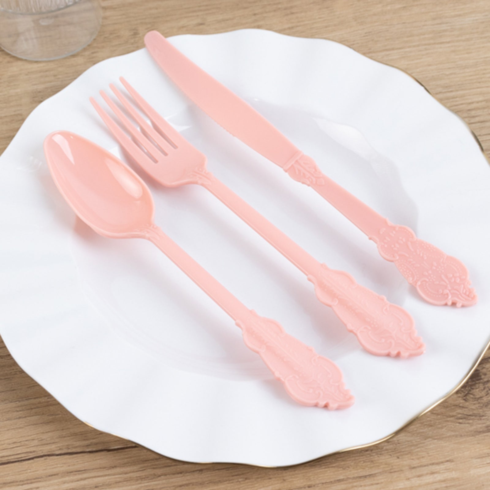 72 Pcs Plastic Silverware Set in Baroque Style Dusty Rose - Heavy Duty Disposable Knife, Fork, and Spoon Set - Bell Racket Store