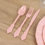 72 Pcs Plastic Silverware Set in Baroque Style Dusty Rose - Heavy Duty Disposable Knife, Fork, and Spoon Set - Bell Racket Store
