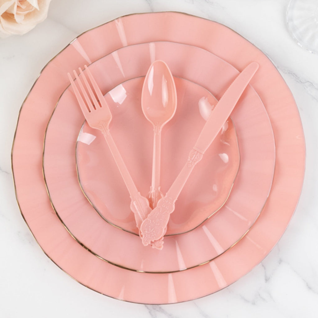 72 Pcs Plastic Silverware Set in Baroque Style Dusty Rose - Heavy Duty Disposable Knife, Fork, and Spoon Set - Bell Racket Store