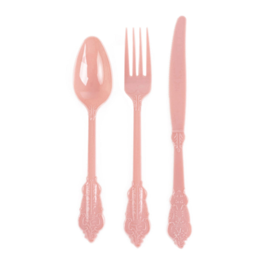 72 Pcs Plastic Silverware Set in Baroque Style Dusty Rose - Heavy Duty Disposable Knife, Fork, and Spoon Set - Bell Racket Store