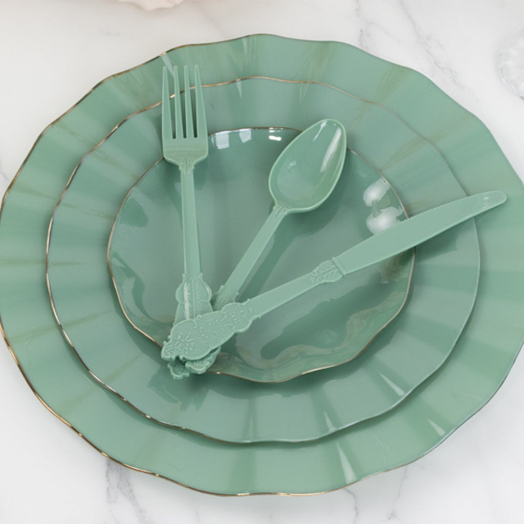 72 Pcs Plastic Silverware Set in Baroque Style Dusty Sage Green - Heavy Duty Disposable Knife, Fork, and Spoon Set - Bell Racket Store