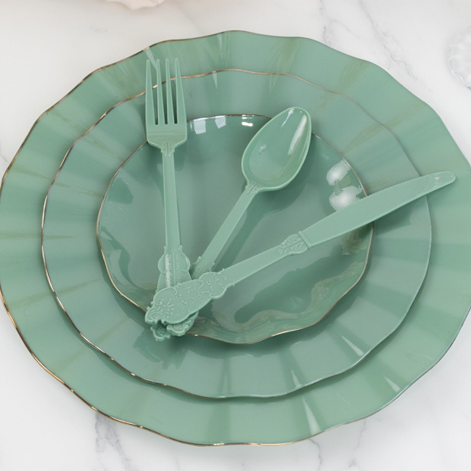 72 Pcs Plastic Silverware Set in Baroque Style Dusty Sage Green - Heavy Duty Disposable Knife, Fork, and Spoon Set - Bell Racket Store