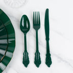 72 Pcs Plastic Silverware Set in Baroque Style Hunter Emerald Green - Heavy Duty Disposable Knife, Fork, and Spoon Set - Bell Racket Store