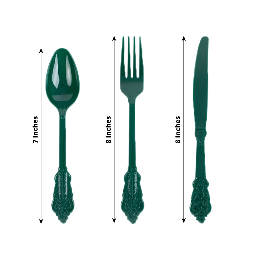 72 Pcs Plastic Silverware Set in Baroque Style Hunter Emerald Green - Heavy Duty Disposable Knife, Fork, and Spoon Set - Bell Racket Store