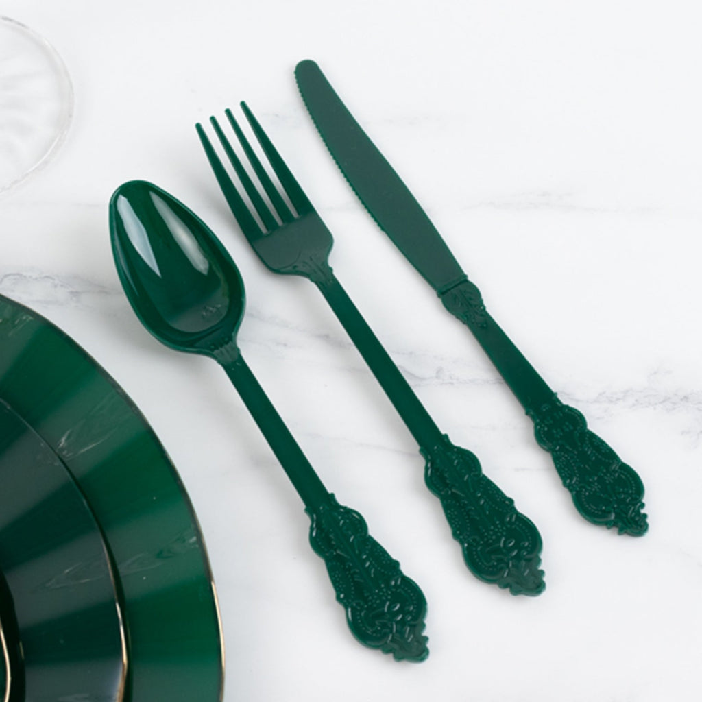 72 Pcs Plastic Silverware Set in Baroque Style Hunter Emerald Green - Heavy Duty Disposable Knife, Fork, and Spoon Set - Bell Racket Store