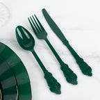 72 Pcs Plastic Silverware Set in Baroque Style Hunter Emerald Green - Heavy Duty Disposable Knife, Fork, and Spoon Set - Bell Racket Store
