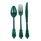 72 Pcs Plastic Silverware Set in Baroque Style Hunter Emerald Green - Heavy Duty Disposable Knife, Fork, and Spoon Set - Bell Racket Store