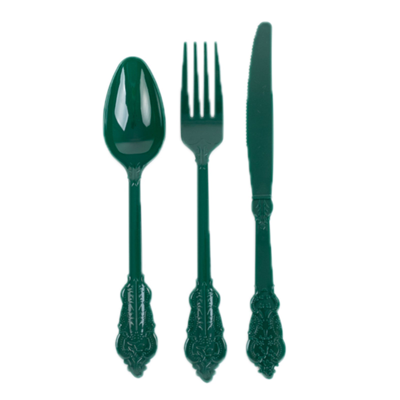 72 Pcs Plastic Silverware Set in Baroque Style Hunter Emerald Green - Heavy Duty Disposable Knife, Fork, and Spoon Set - Bell Racket Store