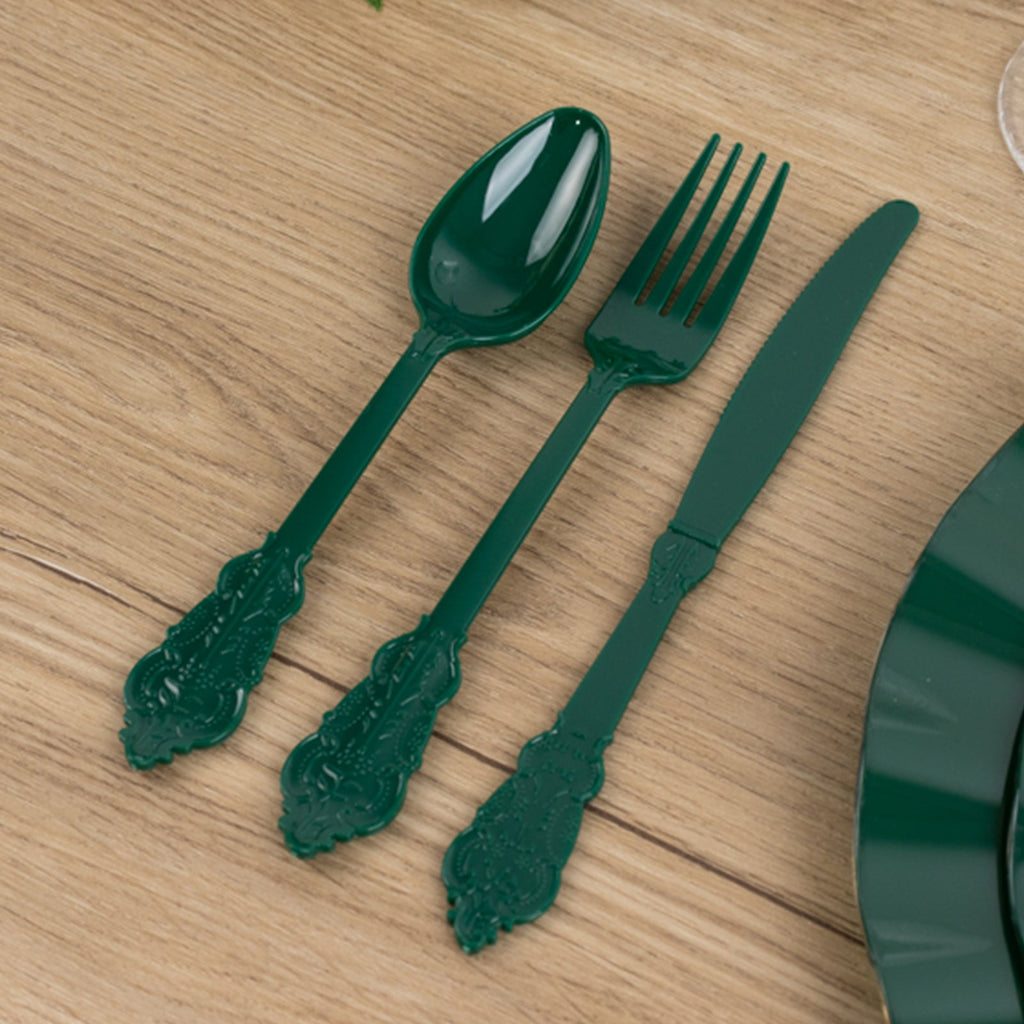 72 Pcs Plastic Silverware Set in Baroque Style Hunter Emerald Green - Heavy Duty Disposable Knife, Fork, and Spoon Set - Bell Racket Store