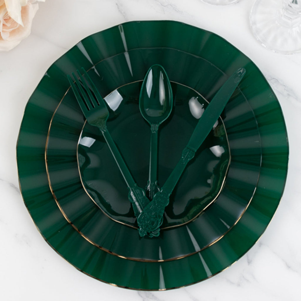 72 Pcs Plastic Silverware Set in Baroque Style Hunter Emerald Green - Heavy Duty Disposable Knife, Fork, and Spoon Set - Bell Racket Store