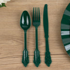 72 Pcs Plastic Silverware Set in Baroque Style Hunter Emerald Green - Heavy Duty Disposable Knife, Fork, and Spoon Set - Bell Racket Store