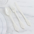 72 Pcs Plastic Silverware Set in Baroque Style Ivory - Heavy Duty Disposable Knife, Fork, and Spoon Set - Bell Racket Store