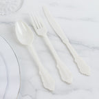 72 Pcs Plastic Silverware Set in Baroque Style Ivory - Heavy Duty Disposable Knife, Fork, and Spoon Set - Bell Racket Store