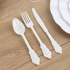 72 Pcs Plastic Silverware Set in Baroque Style Ivory - Heavy Duty Disposable Knife, Fork, and Spoon Set - Bell Racket Store
