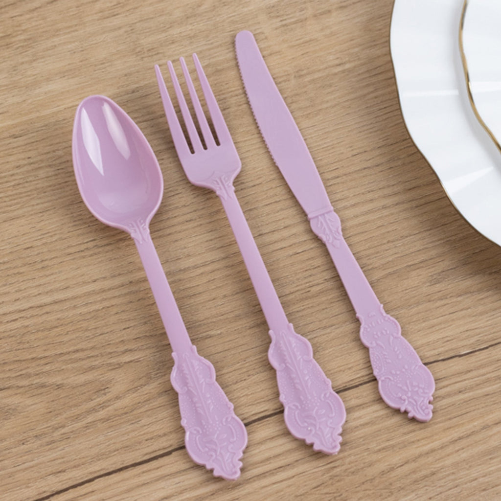 72 Pcs Plastic Silverware Set in Baroque Style Lavender Lilac - Heavy Duty Disposable Knife, Fork, and Spoon Set - Bell Racket Store