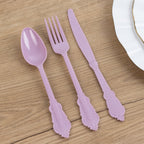 72 Pcs Plastic Silverware Set in Baroque Style Lavender Lilac - Heavy Duty Disposable Knife, Fork, and Spoon Set - Bell Racket Store