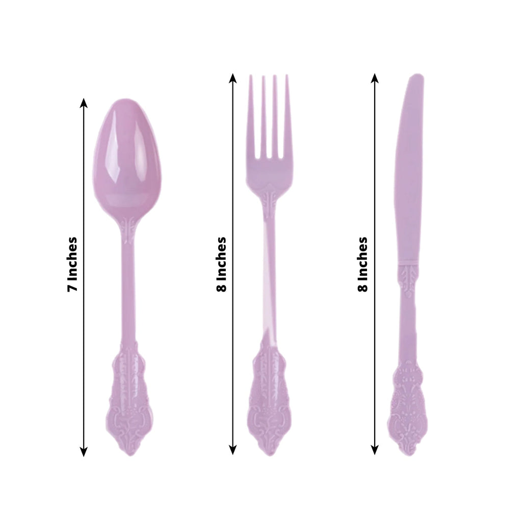 72 Pcs Plastic Silverware Set in Baroque Style Lavender Lilac - Heavy Duty Disposable Knife, Fork, and Spoon Set - Bell Racket Store