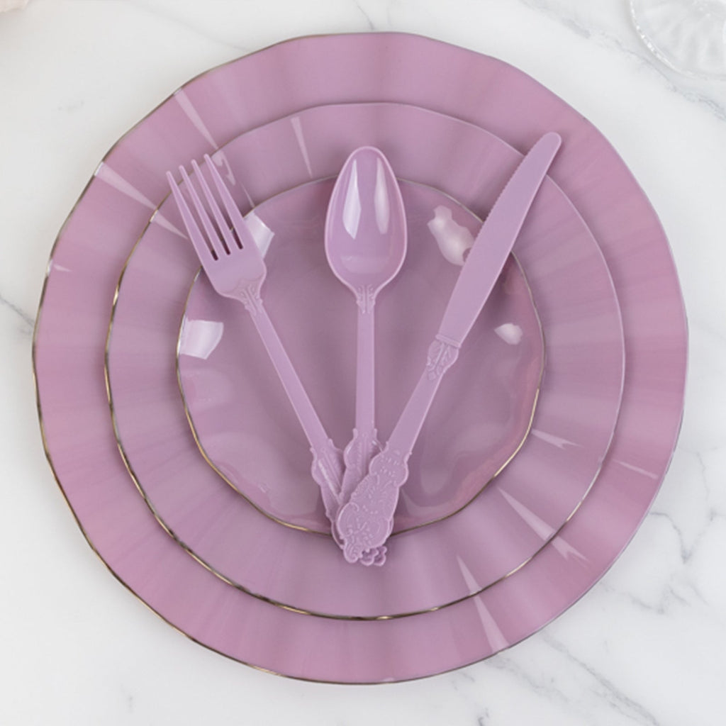 72 Pcs Plastic Silverware Set in Baroque Style Lavender Lilac - Heavy Duty Disposable Knife, Fork, and Spoon Set - Bell Racket Store