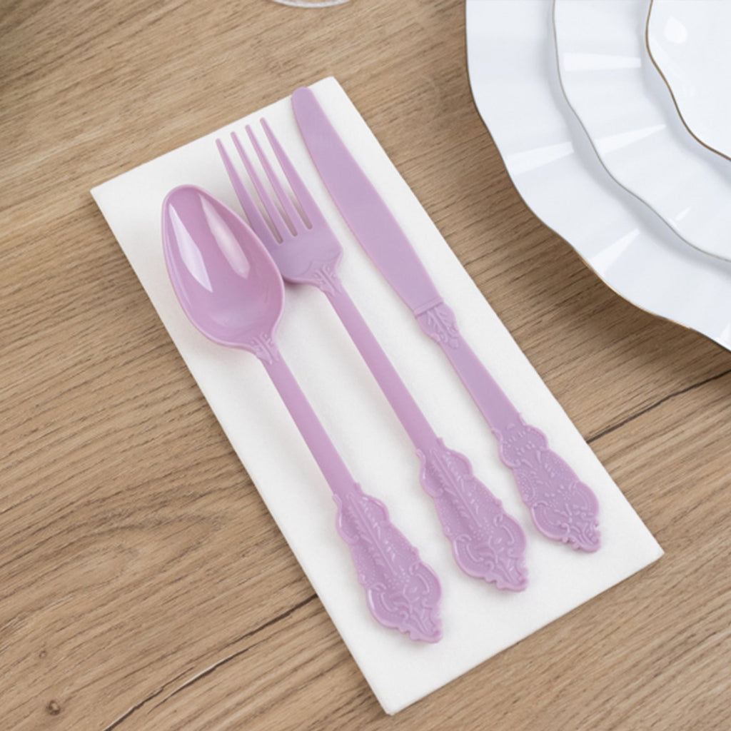 72 Pcs Plastic Silverware Set in Baroque Style Lavender Lilac - Heavy Duty Disposable Knife, Fork, and Spoon Set - Bell Racket Store