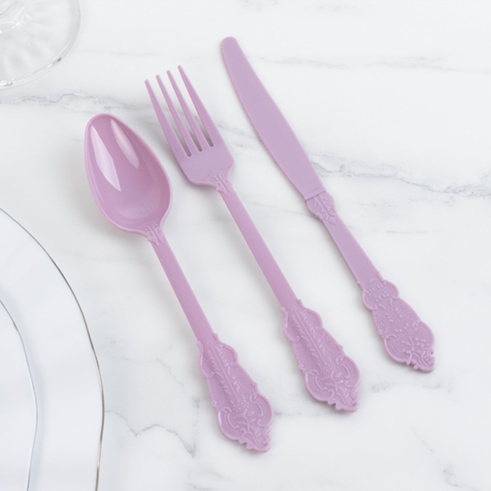 72 Pcs Plastic Silverware Set in Baroque Style Lavender Lilac - Heavy Duty Disposable Knife, Fork, and Spoon Set - Bell Racket Store