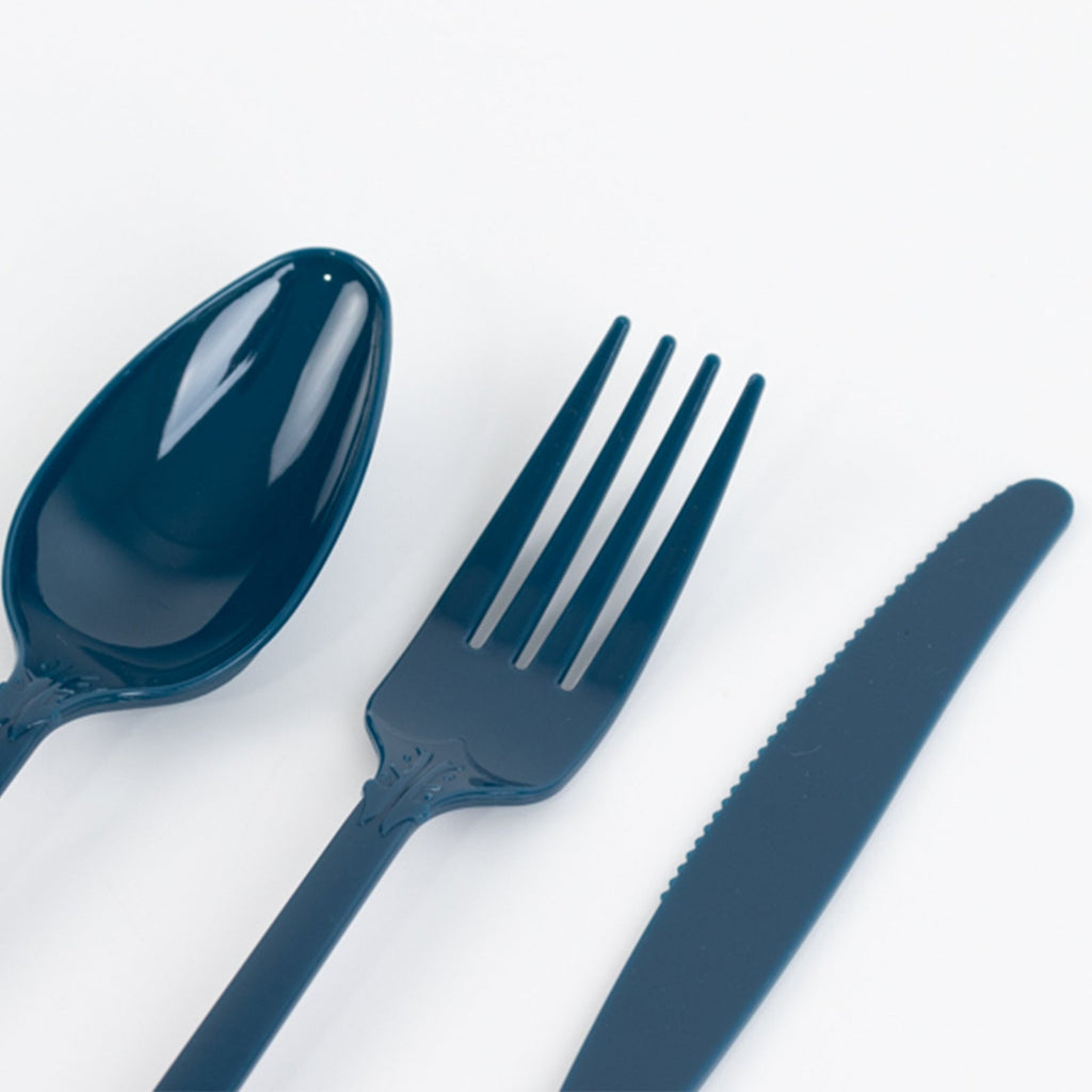 72 Pcs Plastic Silverware Set in Baroque Style Navy Blue - Heavy Duty Disposable Knife, Fork, and Spoon Set - Bell Racket Store
