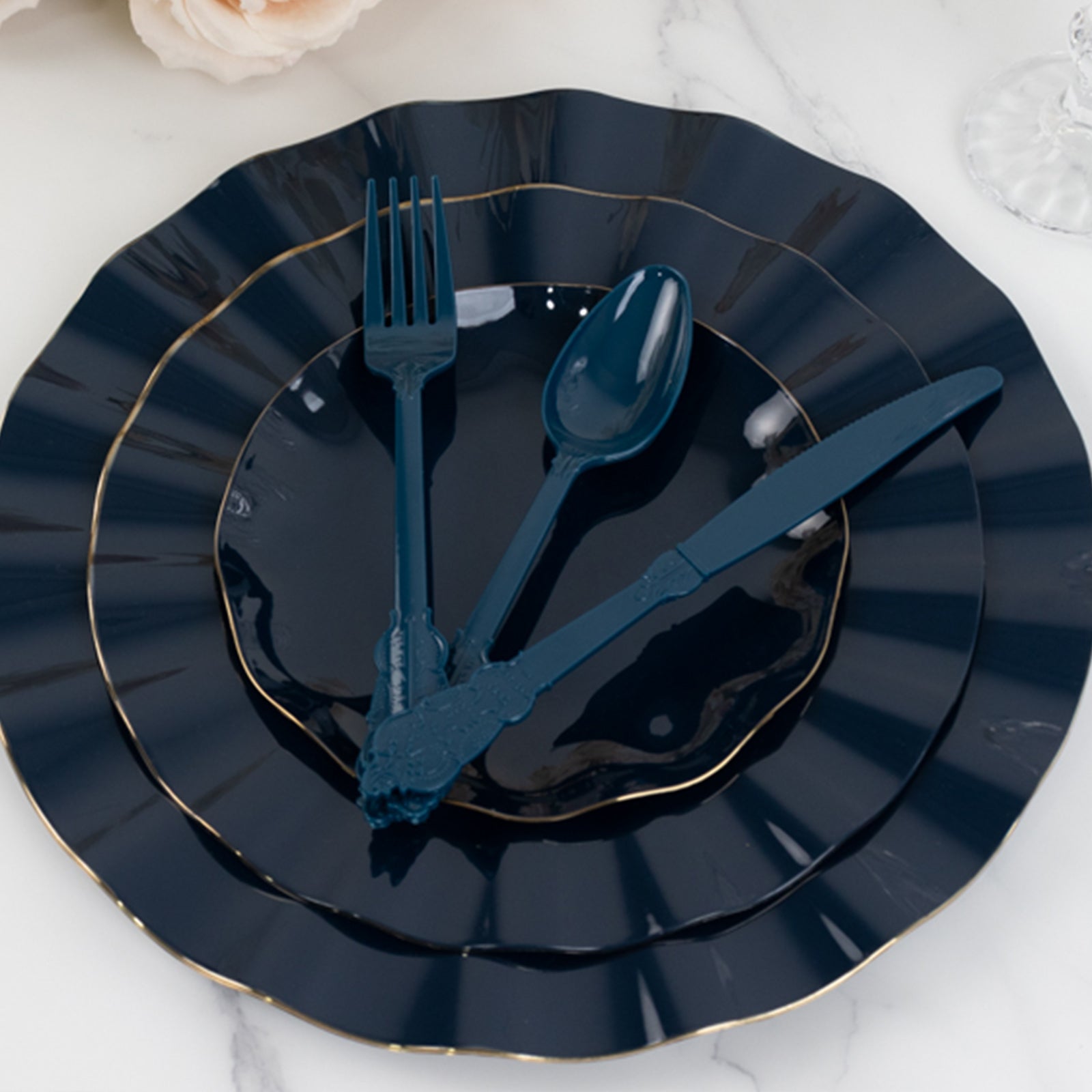 72 Pcs Plastic Silverware Set in Baroque Style Navy Blue - Heavy Duty Disposable Knife, Fork, and Spoon Set - Bell Racket Store