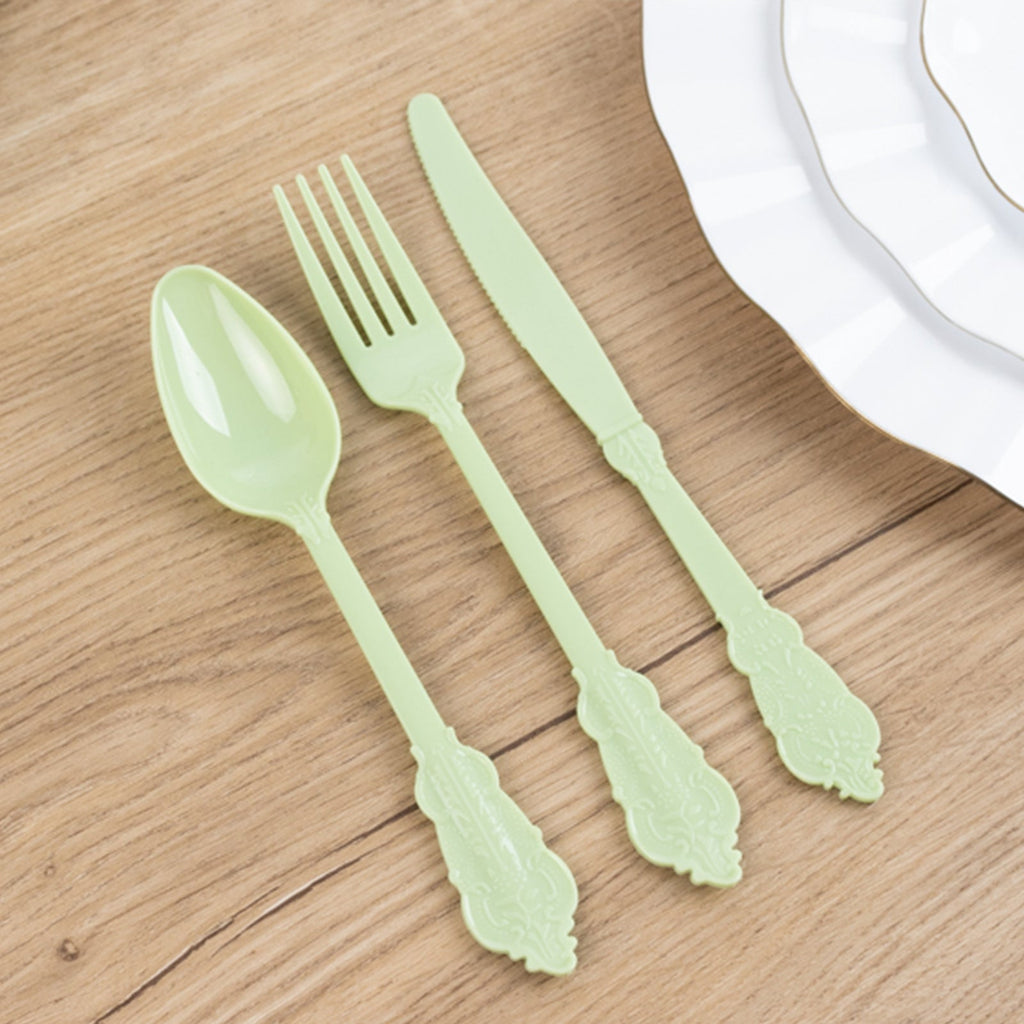 72 Pcs Plastic Silverware Set in Baroque Style Sage Green - Heavy Duty Disposable Knife, Fork, and Spoon Set - Bell Racket Store