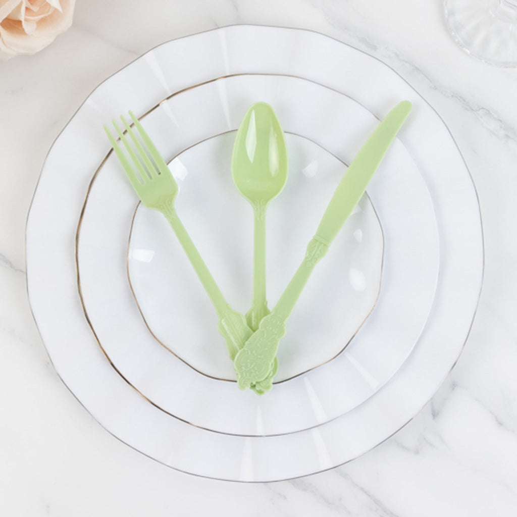 72 Pcs Plastic Silverware Set in Baroque Style Sage Green - Heavy Duty Disposable Knife, Fork, and Spoon Set - Bell Racket Store