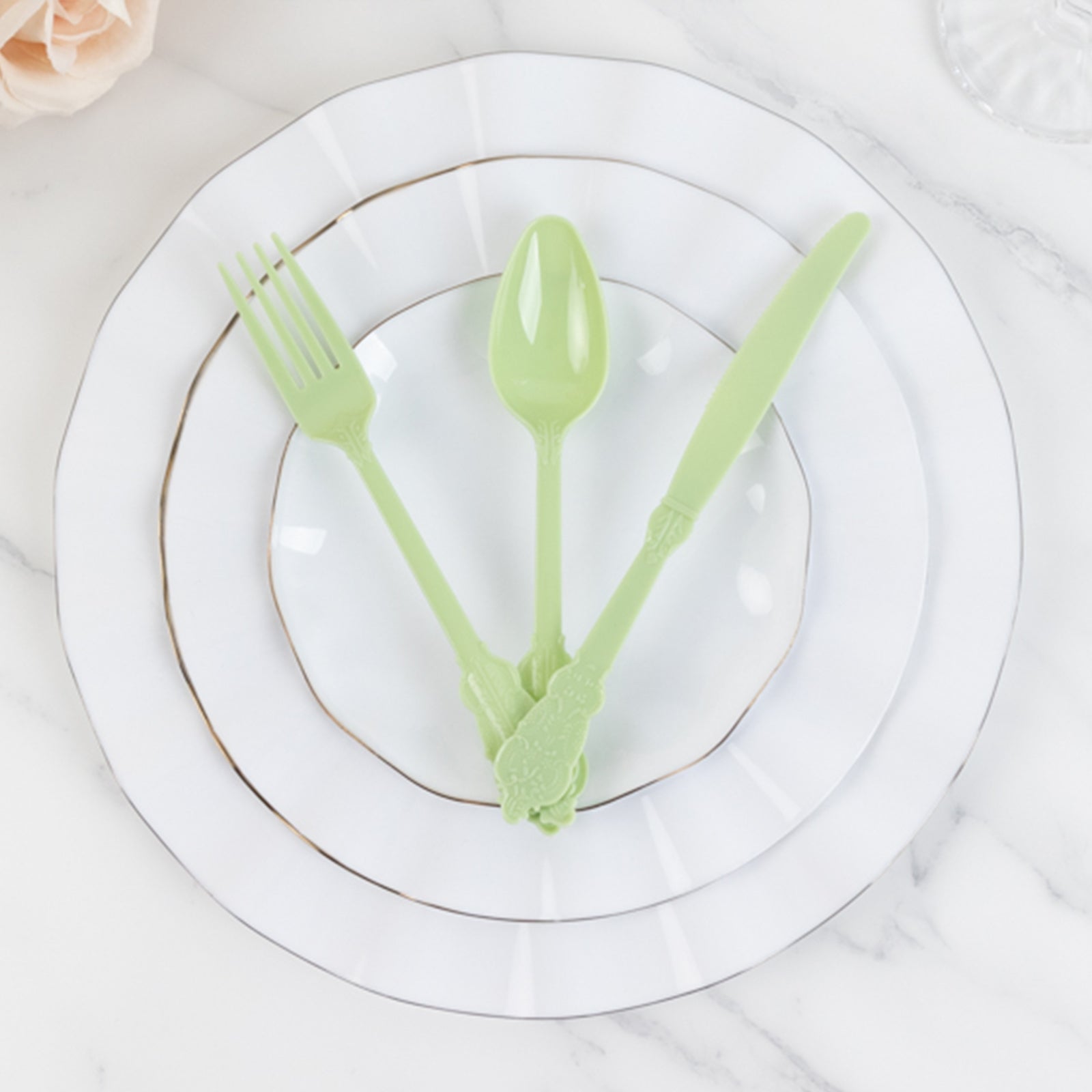 72 Pcs Plastic Silverware Set in Baroque Style Sage Green - Heavy Duty Disposable Knife, Fork, and Spoon Set - Bell Racket Store